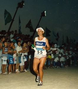 Dr. Ruth crosses the finish line of the Japan Ironman