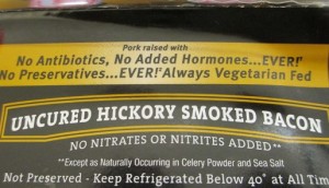As you can see from the back of the package, companies have to tell you that "uncured" bacon is actually full of nitrites, but from "natural" sources - as if that made any difference